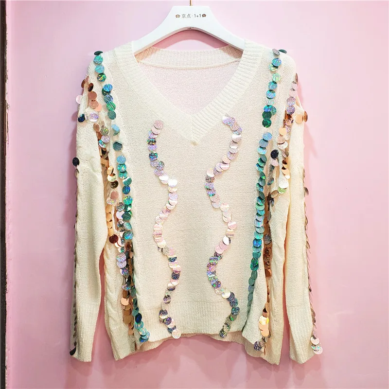

Loose Sequins Sweater Woman 2020 Autumn New Clothes Colored Sequins V-neck Female Knitted Wear All-match Tops Jumper Pull Femme