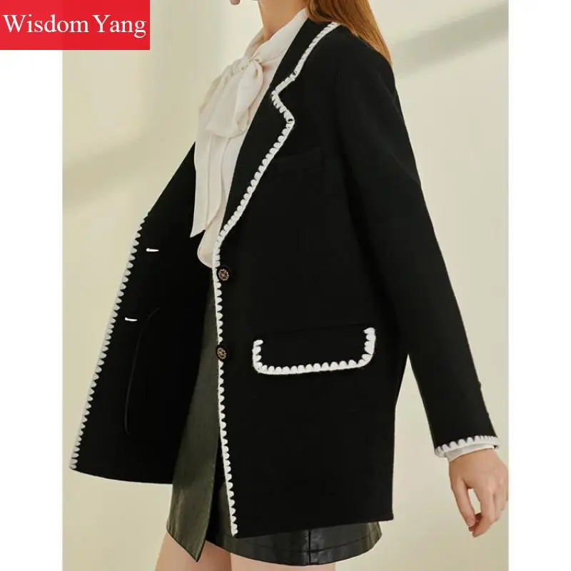 90% OFF Elegant Winter Warm Sheep Skin Wool Coats Suits Vintage Formal Women Coat Black Short Suit Woollen Overcoat Korean Outerwear