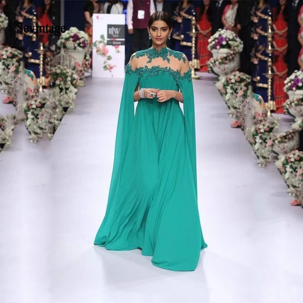 

Sevintage Emerald Green Chiffon Evening Dresses Backless Arabic Kaftan Prom Gowns Cap Sleeves Formal Party Dresses