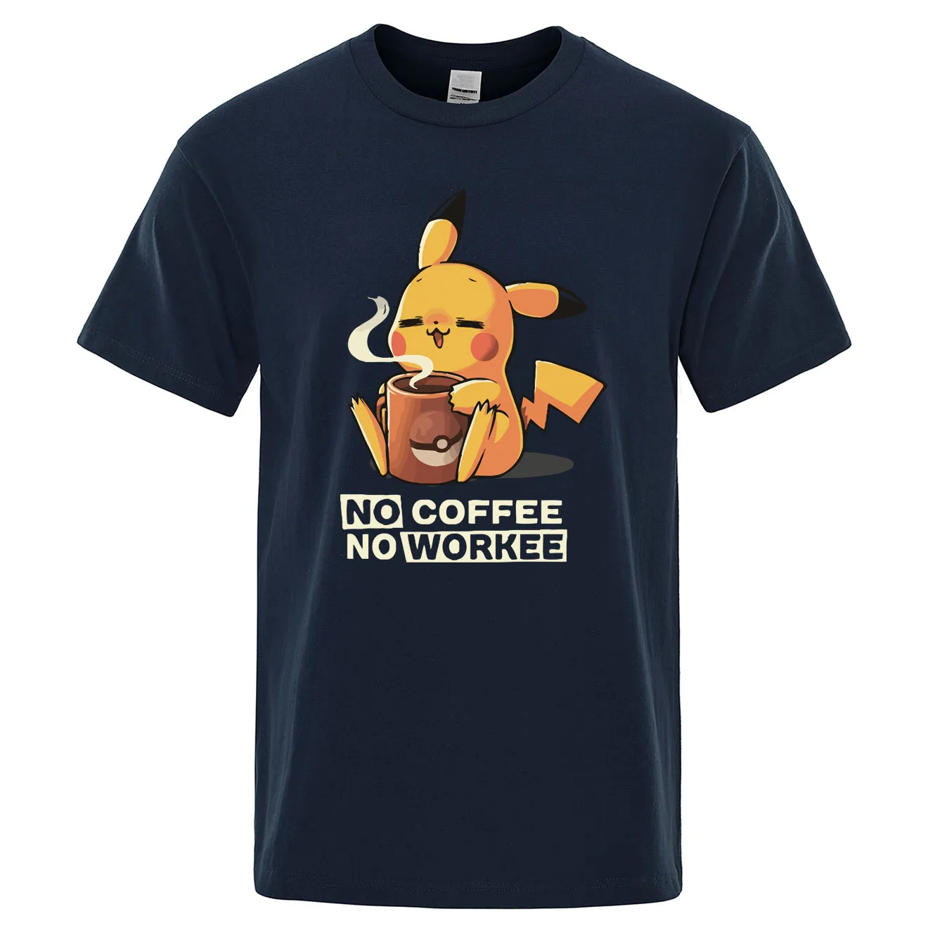 Футболки NO COFFEE NO WORKEE, Пикачу, футболка Pokemon, повседневные мужские футболки с круглым вырезом, Забавные футболки, черные мужские топы, брендовая одежда