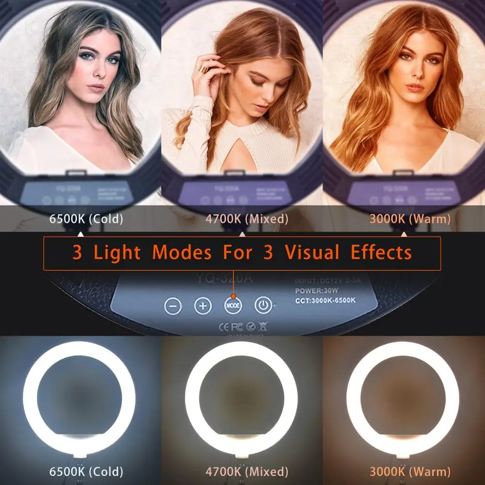 FOSOTO 30CM Photography LED Selfie Ring Light 3000K-5800K Dimmable Lamp with 1.6m Tripod Remote For Makeup Studio Phone Live