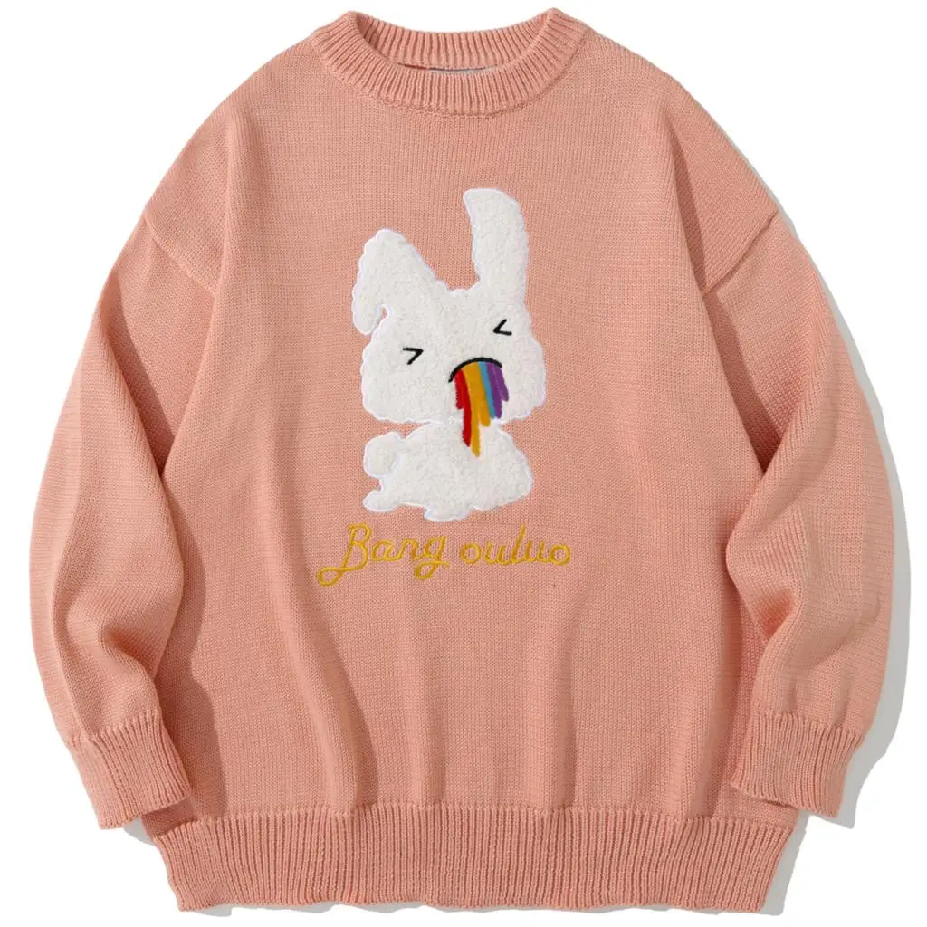 

Harajuku Fashion Streetwear Embroidery Sweaters Cartoon Rabbit Rainbow Knitted Pullover Sweater Casual Knited Unisex