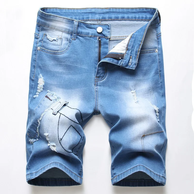 Summer New Blue Denim Shorts Mens Hole Pockets Straight Korean Vintage Large Size Casual Concise Knee Length Shorts 28-42 smart casual shorts