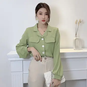 

2020 New Elegant Fashion Office Lady Casual Shirts Notched Long Sleeve Blouse Pocket Solid Color Temperament Female Chiffon Tops