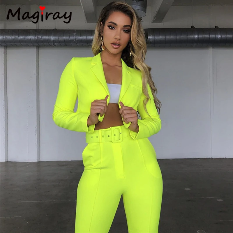 Magiray/женские костюмы, куртка, пальто, верхняя одежда, высокая талия, укороченный топ, Блейзер, комплект со штанами, костюм для офисных леди, плюс размер, уличная одежда из двух предметов