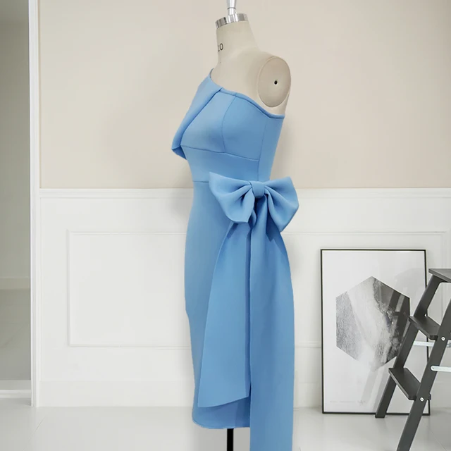 One Shoulder with Bowtie Waist Belt Light Blue Elegant Slim Vestido Dress 4