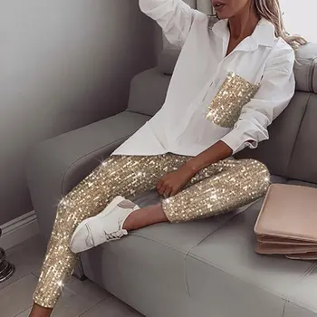 

Women Sets Sequins Long Sleeve Shirt & Glitter Shiny Pants Sets Casual Elastic Ankle-Length Pants Streetwear Ladies 2 Piece Sets