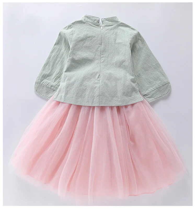 Комплект одежды для маленьких девочек, осенне-весенний топ с цветочным принтом в китайском стиле+ сетчатая юбка, костюм из 2 предметов для маленьких девочек, Детский костюм в стиле Тан для 2, 3, 10 лет