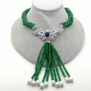 

20" 6 Strands Green Jade Gems Stone Necklace CZ White Pearl Pendant