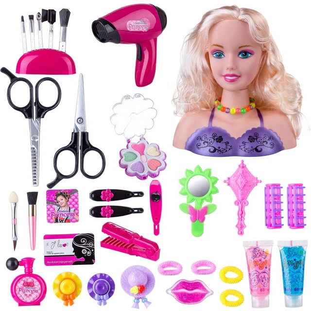 35-piece Set Of Children Hairdressing Makeup Doll Real Makeup Toy Modeling  Doll Headband Hair Dryer