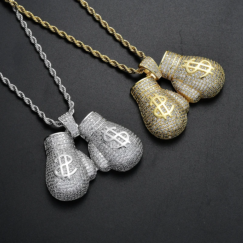 Хип-хоп AAA CZ камень проложили Bling Iced Out доллар бокс Подвески в виде перчаток ожерелье для мужчин рэппер ювелирные изделия золото серебро