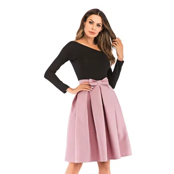 

Fashion Solid Color Skirt Casual Elegant Bow Pleated Puffy Skirts High Waist Knee A-Line Falda 2020 Four Seasons New
