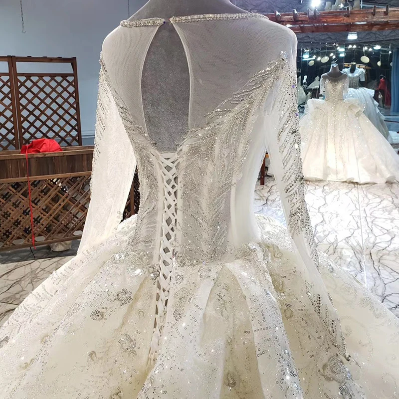 HTL1986 Elegant Extravagant Sequin Crystal Pearls Wedding Dress 2020 V-Neck Long Sleeve Lace Up Back 5