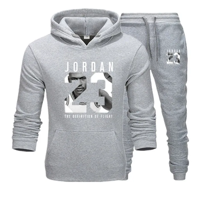 Новинка, брендовый спортивный костюм, модный JORDAN 23, мужская спортивная одежда, комплект из двух предметов, хлопок, флис, Толстая Толстовка с капюшоном+ штаны, спортивный костюм для мужчин - Цвет: Light gray122-123