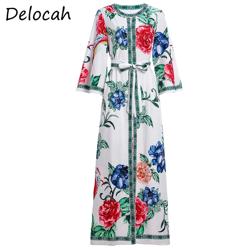 

Delocah Spring Summer Dress Fashion Ruwan Women Three Quarter Sleeve Simple Sashes Floral Printed Holiday Female Long Dresses