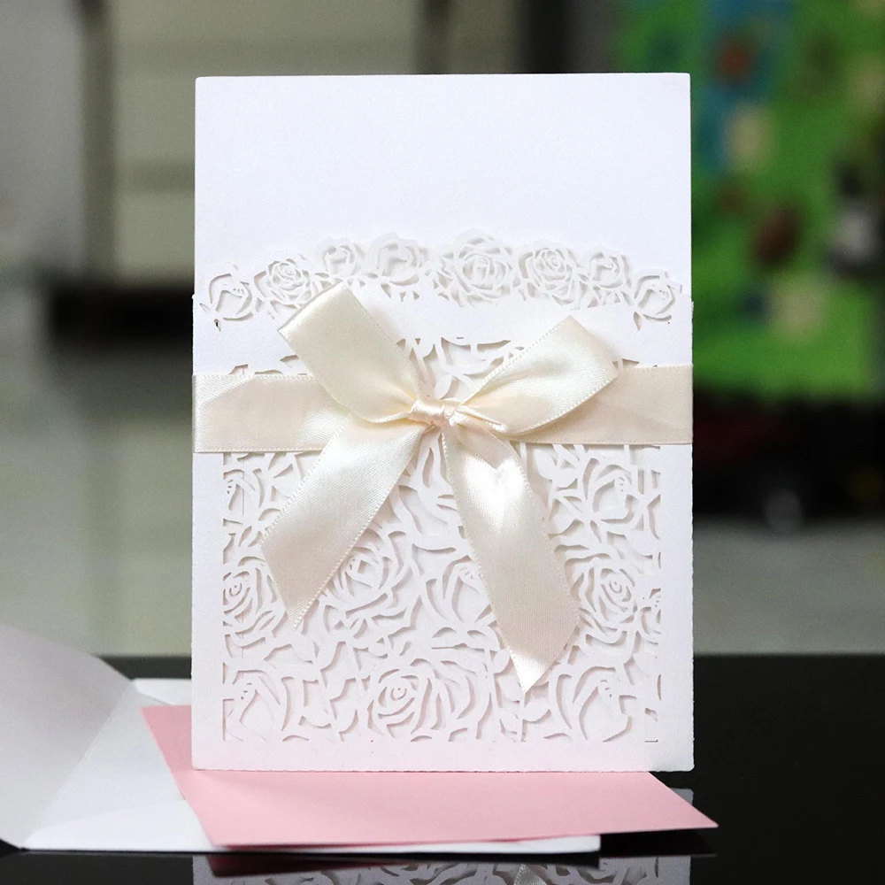  10pcs 18*12.5CM Laser Hollow Rose Group Pocket Wedding Invitation with Bow Invitation Card Decorati - 4.00054E+12