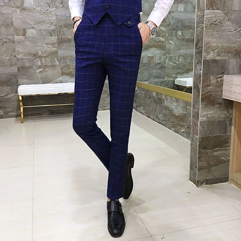 Plaid pants men 2019 summer new Korean version business casual Long straight feet wild leisure slacks Chinese Style Black Blue