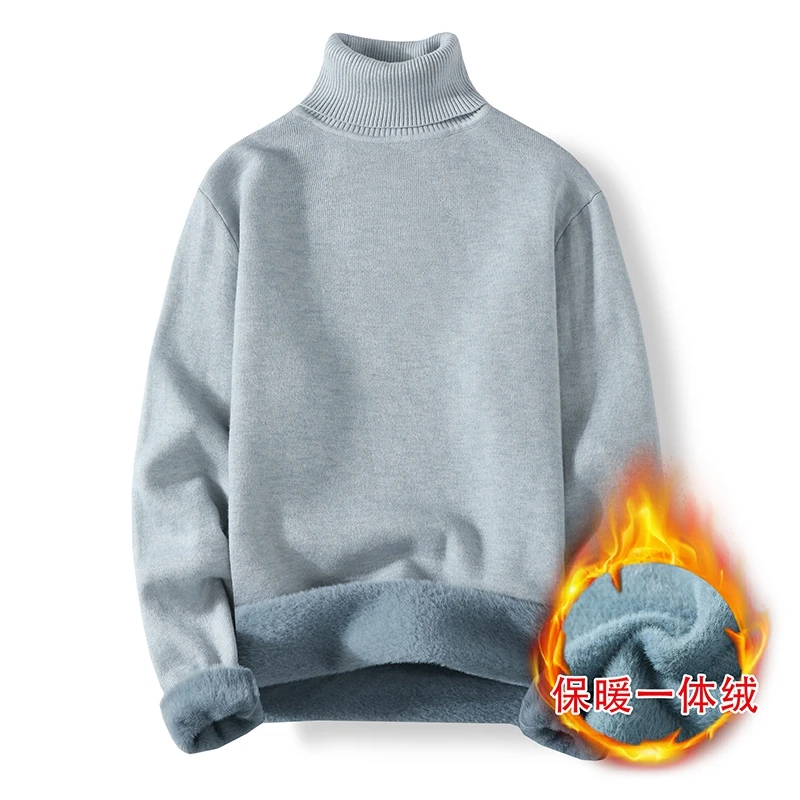 Turtleneck Sweater Men's Winter Slim-Fit Fleece-Lined Thickened Pure Black Knitted Bottoming Shirt Fashion Warm Keeping Line