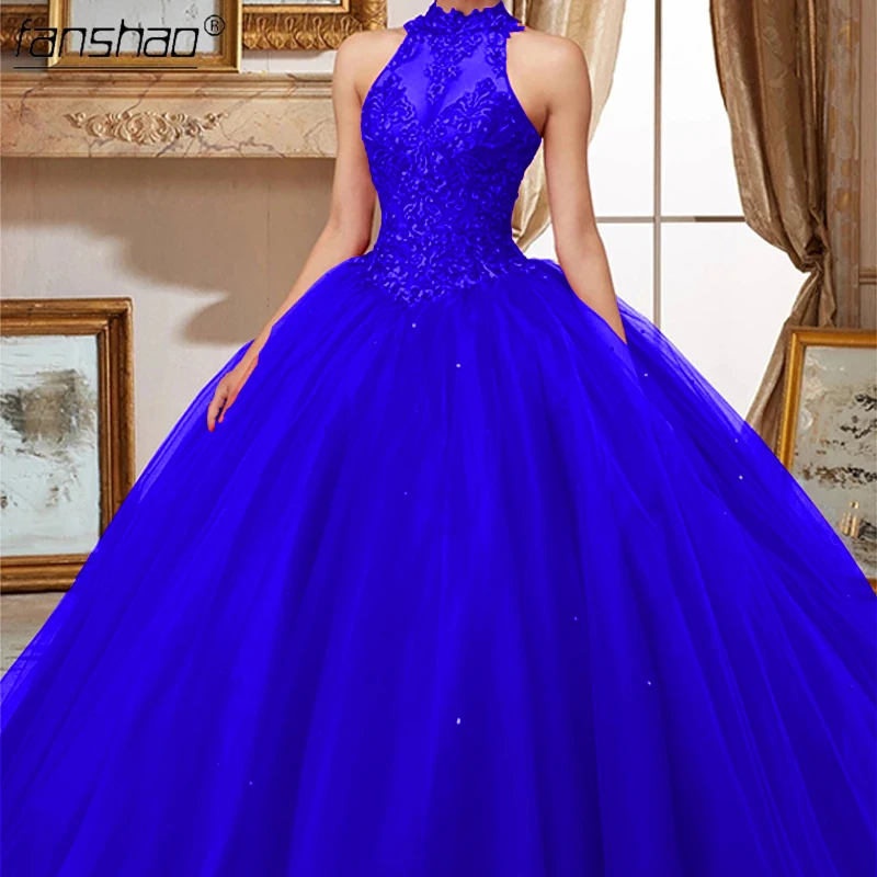 Fanshao Blue Quinceanera Dresses High Neck Crystal Appliques Lace Pearls Cut-Out For 15 Girls Party Gowns Hot Sell Design Fanshao Blue Quinceanera Dresses High Neck Crystal Appliques Lace Pearls Cut-Out For 15 Girls Party Gowns Hot Sell Design