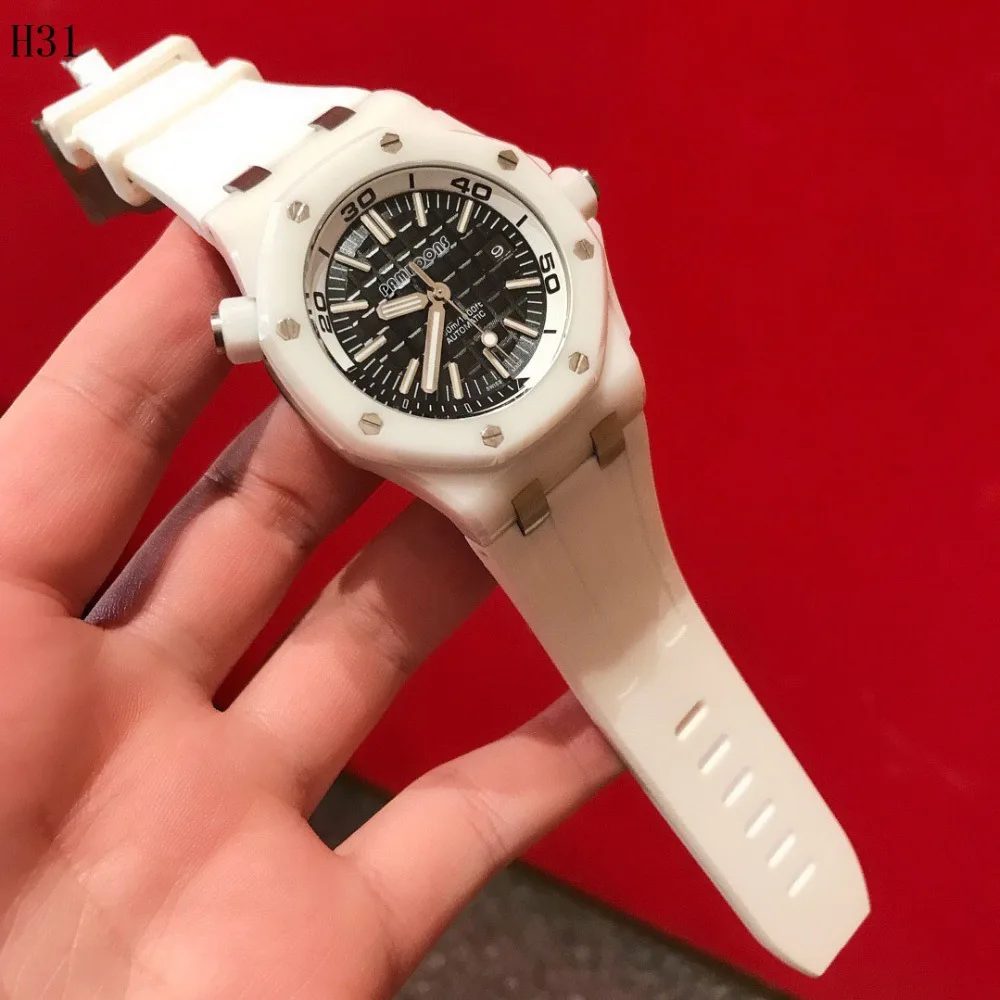 Men Watch Ceramics Case Watches Automatic Movt Wristwatches White Rubber Full White relogio masculino Waterproof Watches Luxury