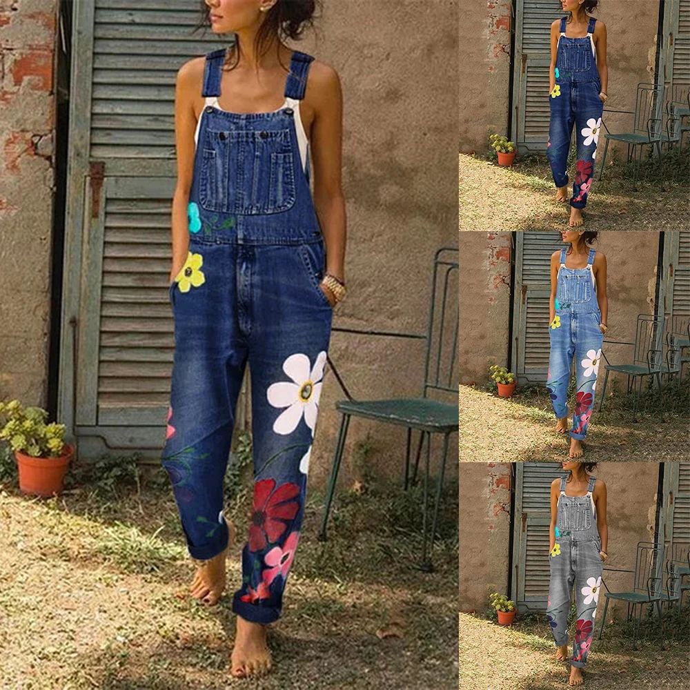 NIBESSER Women Flower Print Jeans Jumpsuit Casual Floral Printed Pocket Jeans Rompers Femme Fashion Long Overalls 2019 Autumn