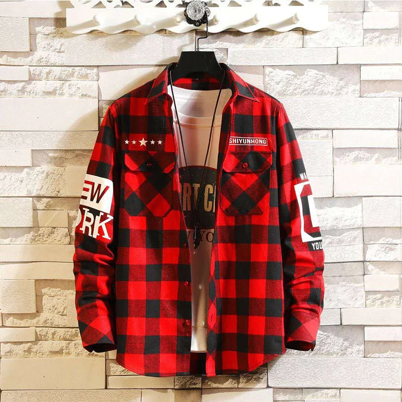 Men's Streetwear Thick Shirts Men Clothing Harajuku Color Block Plaid Shirt  Long Sleeve Male Vintage Korean Fashions Clothes false two piece colour block jacket college style korean streetwear couple hooded coat autumn new male casual outdoor jackets