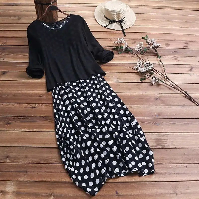 ZANZEA повседневное осенне-летнее винтажное платье из двух частей женское платье в горошек размера плюс длинные платья макси с длинным рукавом топы Vestidos - Цвет: Черный
