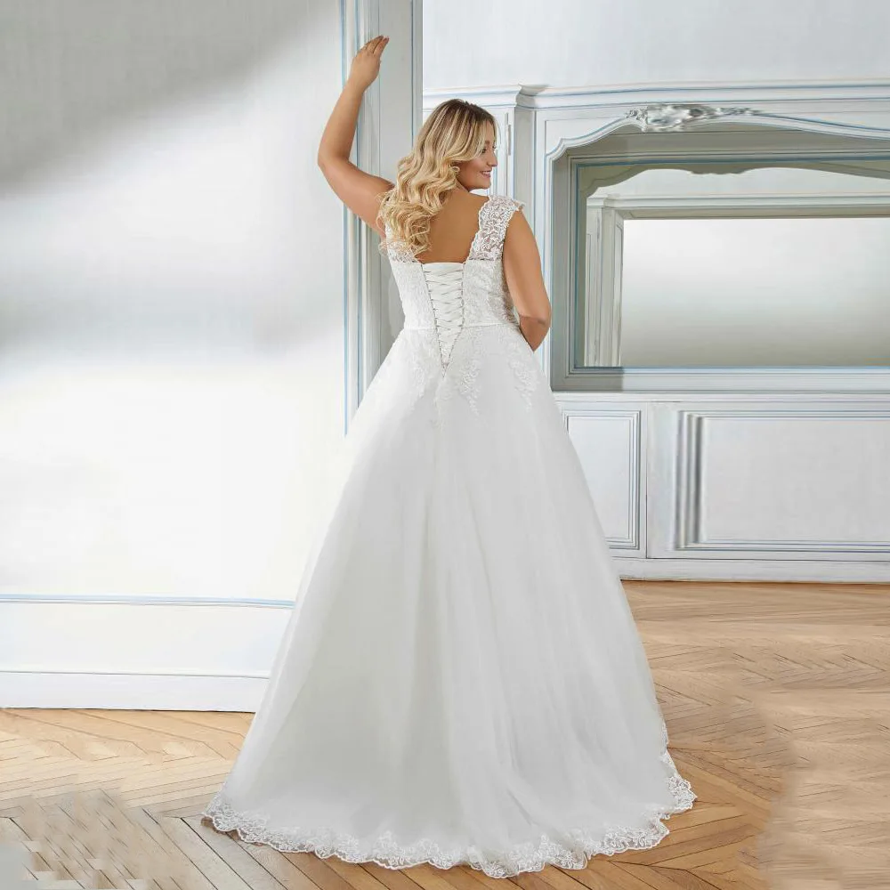 Romantic A Line Wedding Dress Cap Sleeve V Neck Sleeveless Appliques Vestido De Noiva Long Bridal Gown Plus Size Customized 2