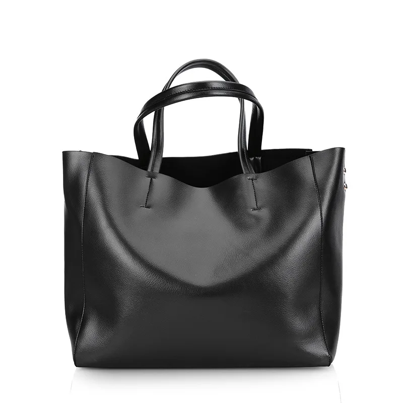 Женская сумка, Европейский стиль, второй слой, яловая кожа, сумка-тоут, сумочка, Дамская, простая, мягкая, сумки, вместительная сумка для покупок - Цвет: black