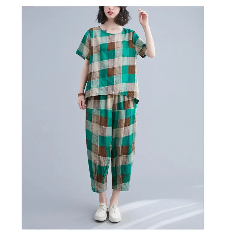 Suit Female Women Set 2022 New Version Summer Large Size Plaid Two-piece Retro Casual Pants Loose Top Two-piece Set matching lounge set