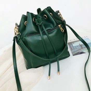 

Women Fashion Handbag Solid Soft Pu Leather Shoulder Bucket Bags Designer Ladies Casual String Bucket-shaped Crossbody Bag
