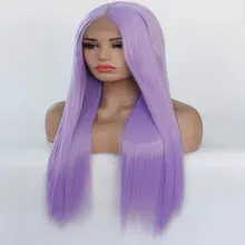 Длинные Siky прямые Glueless синтетические волосы на кружеве парик фиолетовый цвет термостойкие волокна средний пробор волос для женщин девочек парики