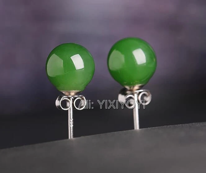 

Beautiful 925 Silver Green HeTian Jade 8mm Round Beads Inlay Stud Earrings Woman's Lucky Earring Ear Jewelry Certificate