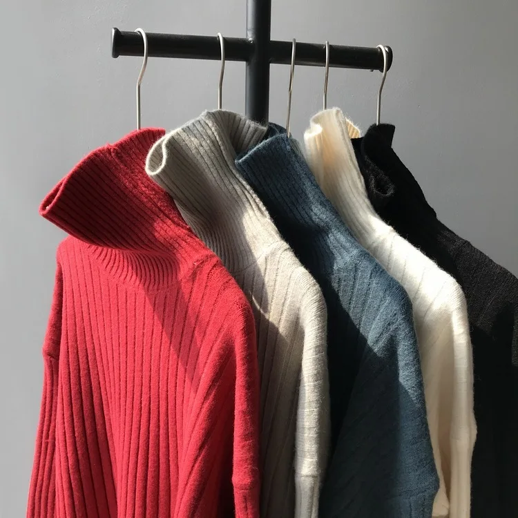 Mooirue, зима, Женский Повседневный джемпер, водолазка, свободная одежда, свитер с высоким воротом, ленивый тонкий пуловер, красный, черный, трикотаж