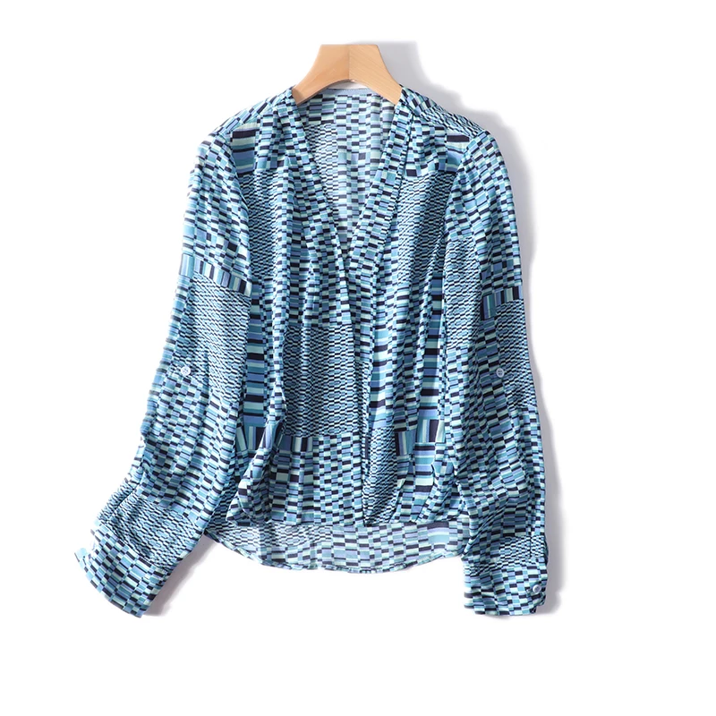 

New 100% silk Relaxed French amorous feelings positioning pinstripe printing sexy woman v neck a8500 heavy silk shirt