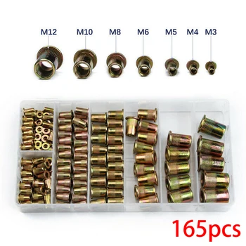 

165Pcs M3 M4 M5 M6 M8 M10 M12 Rivet Nut Kit Mixed Zinc Steel Insert Nutsert Threaded Set Nutsert Riveter Hand Nuts Insert Riveti