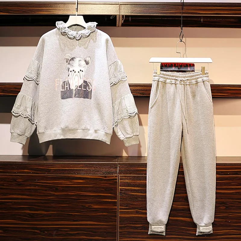 Gray suit Женский спортивный костюм, Большой размер, XL-5XL, спортивный костюм, футболка с принтом для девочек+ штаны, комплект из двух предметов, топ и штаны, комплект одежды - Цвет: Gray suit