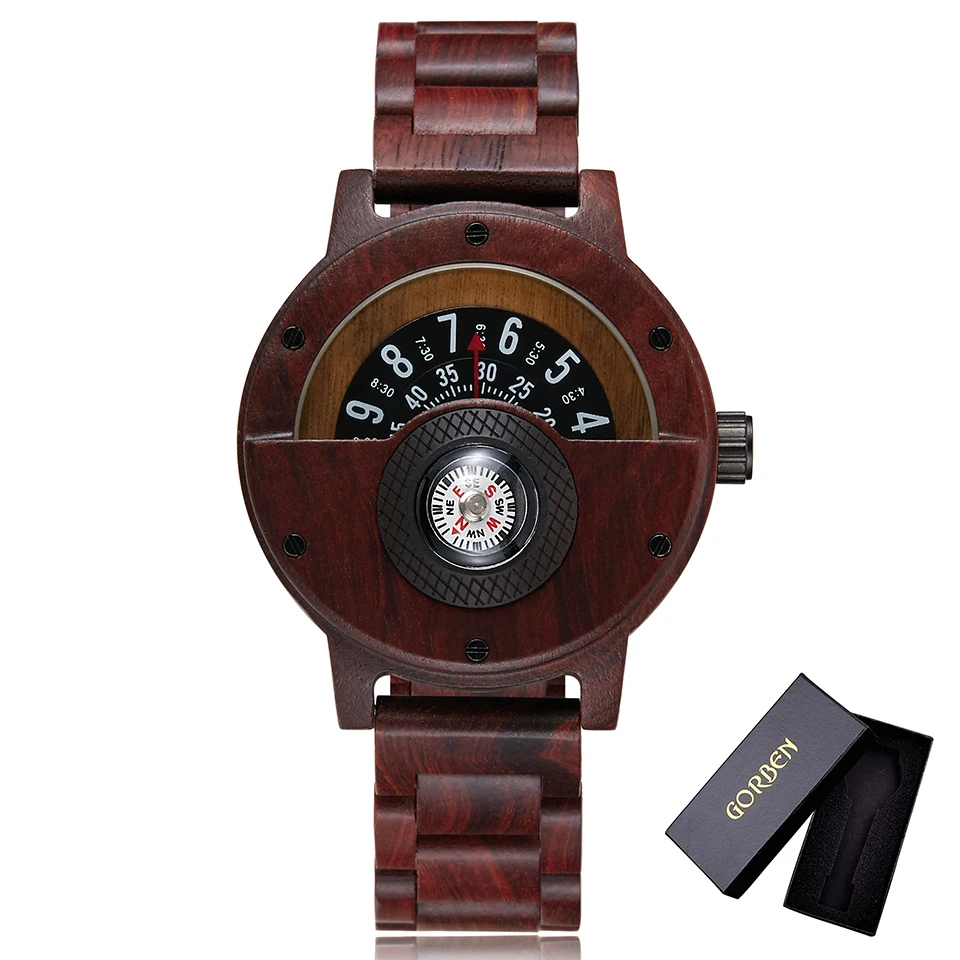 Креативные Часы с компасом и поворотным столом, деревянные часы для мужчин, полностью деревянный ремешок, винтажные наручные часы из натурального дерева, Relogio relojes de madera - Цвет: red with box
