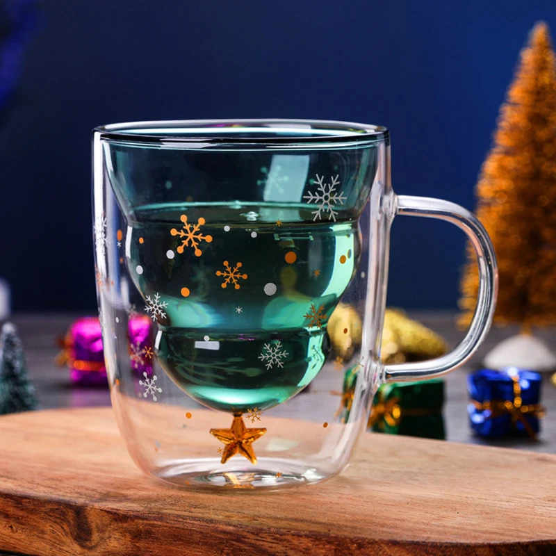 Милая Рождественская елка кружка с двойными стенками стеклянные кофейные чашки с силиконовой крышкой Снежинка звезда Рождественский Подарок Вино Чай Молоко Вода стакан