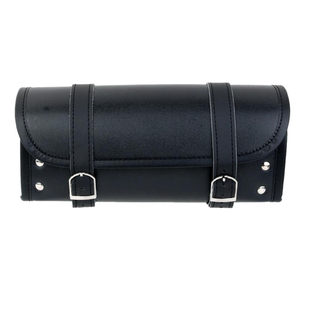 Black Motorcycle Pannier Waterproof Saddle Bag PU Leather Roll Tool Pouch