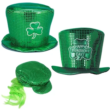 

2PCS St Patrick's Day Green Sequin Top Hat Irish Costume Headdress Cowboy Cosplay Cap for Carnival Festival Party For Men Women