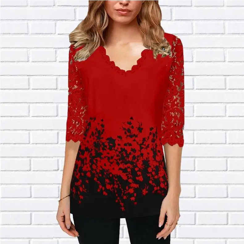 Plus Size 4xl 5XL Shirt Blouse Female 2020 Spring New Tops V-neck Half Sleeve Lace Splice Print Boho Women shirt