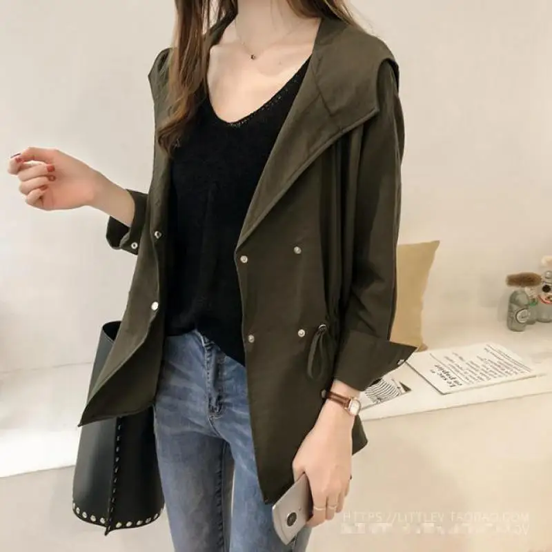

2019 spring autumn new fashion female windbreaker plus size double breasted retro washed long-sleeved belt ArmyGreen coat women