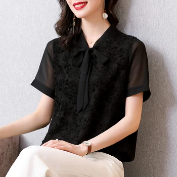 

COIGARSAM 4XL Plus Size Fashion Short Sleeve blouse women New Summer Chiffon Lace V-Neck blusas womens tops and blouses Black