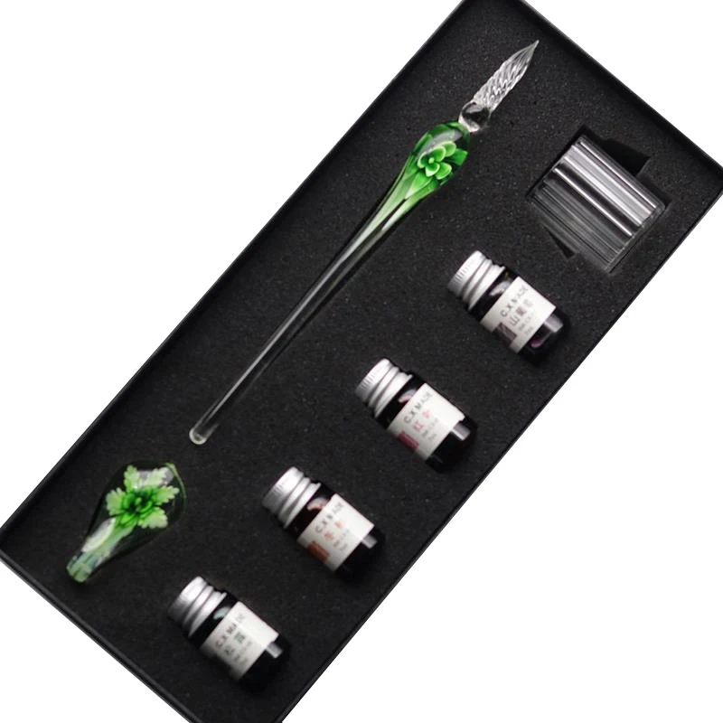 Green 7pcs Стекло каллиграфия ручка кристалл стекло Dip чернила Ручка Набор неуглеродистые чернила ручки для подписи пишущие инструменты GK99 - Цвет: Green 7pcs