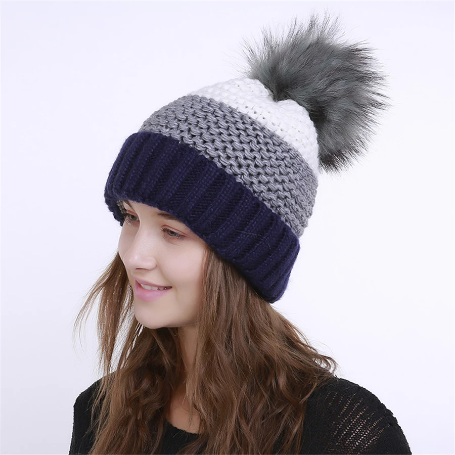 

Winter Hats Women New Knitted Wool Hat Lady Color Matching Curling Warm Earmuff Caps Rabbit Fur Ball Beanies Cap
