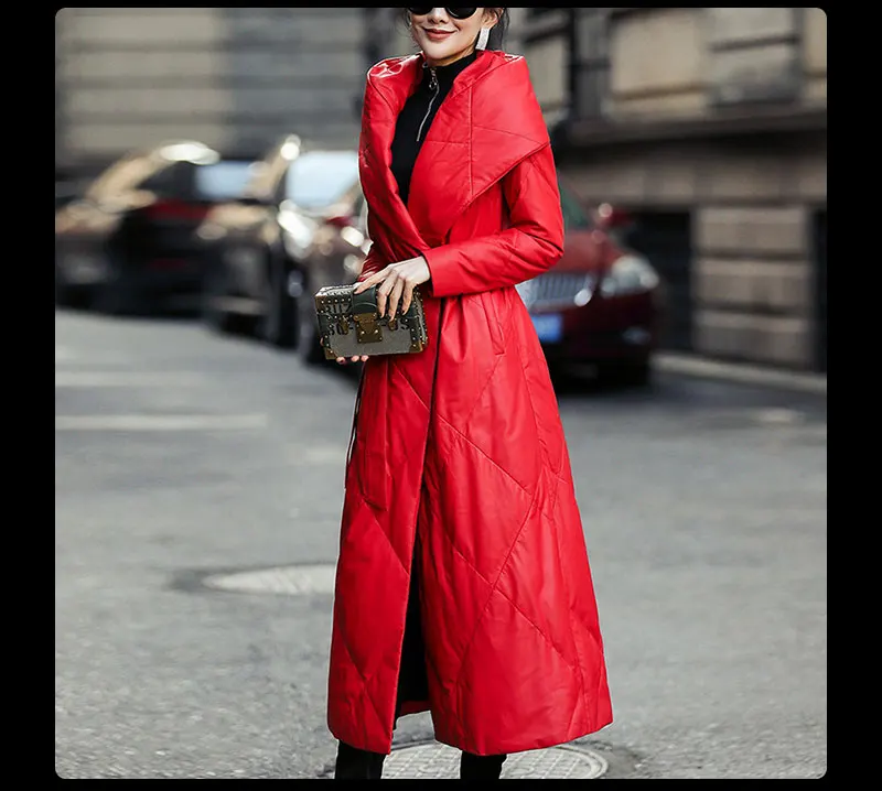 Novmoop американская уличная женская зимняя черная красная Овчина натуральная кожа с капюшоном длинный пуховик со съемными поясами LT2944