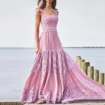 

Women Slip Maxi Dress Summer Dot Lace Appliques High Waist Holiday Beach Strappy Dress