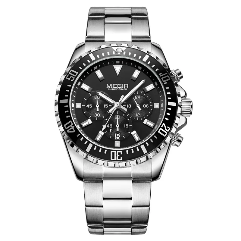 Silver-Black MEGIR, модный многофункциональный хронограф, деловые мужские кварцевые часы из нержавеющей стали, водонепроницаемые, аналоговые наручные часы Lumious - Цвет: Silver-Black