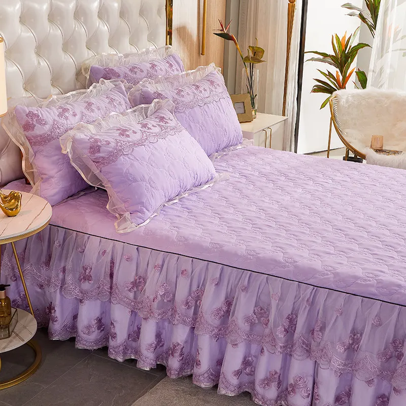 Korea Solid Brushed Bedspread Set Lace Quilted Queen King Size Ruffles Bedskirt Double Bed Cover with 2 Pillowcases